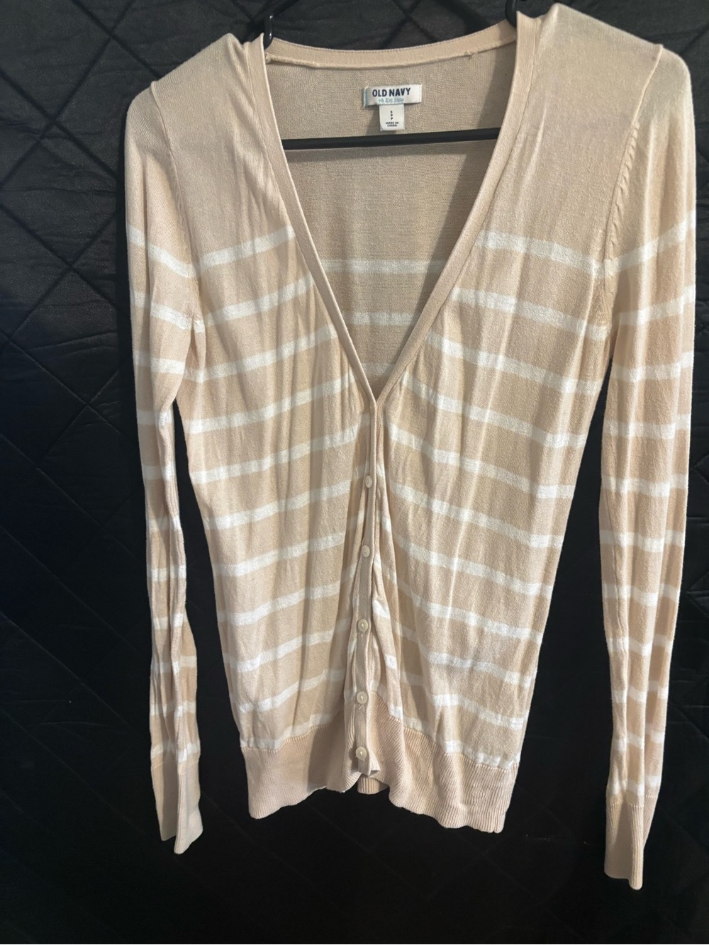 Old Navy Beige & White Thin-Strip Knit Cardigan